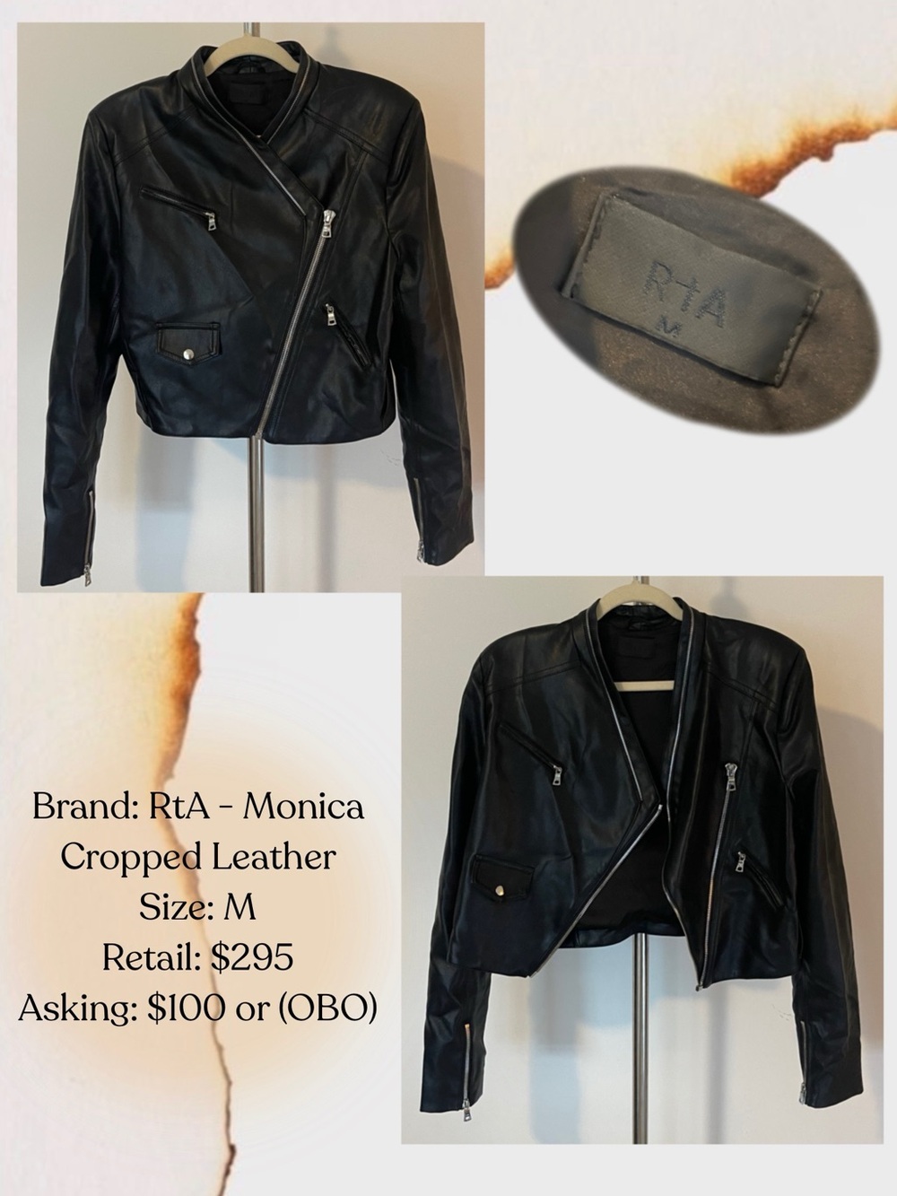 RtA Black Monica Cropped  Faux Leather Biker Jacket